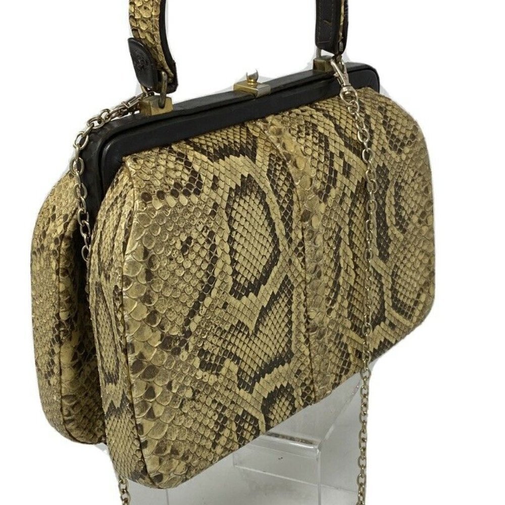 Vintage Beige Python Snakeskin Structured Hand Bag - image 5